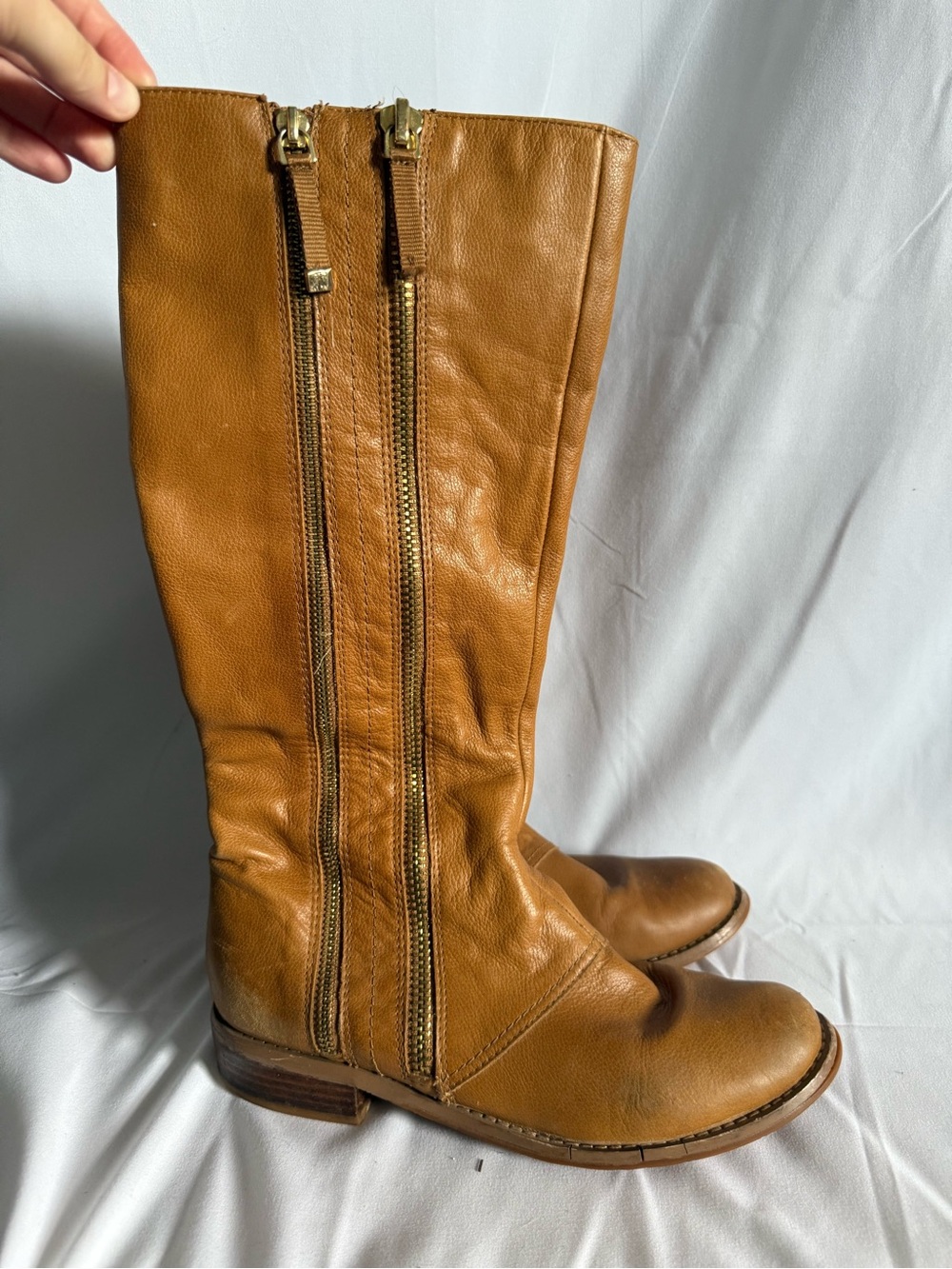 Tahari Cognac Leather Knee-High Boots with Dual Zippers